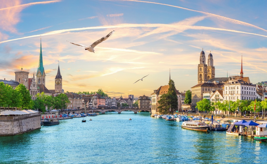 Aerial panorama on the downtown of Zurich at the evening, Switzerland